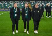 5 December 2023; Republic of Ireland players, from left, Kyra Carusa, Erin McLaughlin and Chloe Mustaki before the UEFA Women's Nations League B match between Northern Ireland and Republic of Ireland at the National Football Stadium at Windsor Park in Belfast. Photo by Stephen McCarthy/Sportsfile