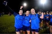 7 December 2023; UCD players, from left, Laura Hassett, Ciara Lawlor and Amy O'Leary celebrate after the 3rd Level Ladies Football League Division 2 final match between UCD and Ulster University at Dundalk Institute of Technology in Dundalk, Louth. Photo by Ben McShane/Sportsfile