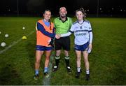 7 December 2023; Referee Eddie Cuthbert with captains Ciara Lawlor of UCD, left, and Amy Garland of UL before the 3rd Level Ladies Football League Division 2 final match between UCD and Ulster University at Dundalk Institute of Technology in Dundalk, Louth. Photo by Ben McShane/Sportsfile