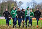 9 December 2023; Ireland athletes, from left, Fearghal Curtin, Nick Griggs, Jonas Stafford,  Keelan Kilrehill, Michael Morgan, Seamus Robinson and Dean Casey during a course inspection and training session ahead of the SPAR European Cross Country Championships at Laeken Park in Brussels, Belgium. Photo by Sam Barnes/Sportsfile
