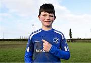 10 December 2023; As part of the club’s 12 County Tour, Leinster Rugby players Jack Conan and Ross Byrne visited Roscrea RFC for their minis’ Christmas Party. Pictured is Dylan Martin with his jersey signed by Jack Conan and Ross Byrne at Roscrea RFC in Tipperary. Photo by Tyler Miller/Sportsfile