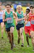 10 December 2023; Jonas Stafford, left, and Shane Brosnan of Ireland compete in the U20 men's 5000m during the SPAR European Cross Country Championships at Laeken Park in Brussels, Belgium. Photo by Sam Barnes/Sportsfile