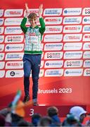 10 December 2023; Nicholas Griggs of Ireland on the podium after finishing third in the U20 men's 5000m during the SPAR European Cross Country Championships at Laeken Park in Brussels, Belgium. Photo by Sam Barnes/Sportsfile