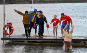 10 December 2023; Pictured at the Dungarvan Polar Plunge is Joe Kelly from Dungarvan in Waterford, left, which saw participants get “Freezin’ for a Reason” to raise funds for Special Olympics Ireland athletes in an event sponsored by Gala Retail at Dungarvan Beach in Waterford. Photo by Eóin Noonan/Sportsfile