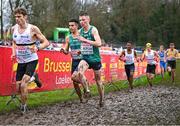 10 December 2023; Participants, from left, Antoine Reul of Belgium, Abdel Laadjel of Ireland and Callum Morgan of Ireland compete in the U23 men's 7000m during the SPAR European Cross Country Championships at Laeken Park in Brussels, Belgium. Photo by Sam Barnes/Sportsfile