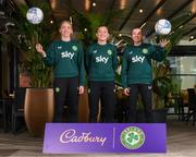 12 December 2023; Cadbury Ireland today announced a 3-year contract extension with the Football Association of Ireland extending their commitment to support women’s football and the Republic of Ireland Women’s National Team. The extension will see the Cadbury Become A Supporter And A Half campaign continue to encourage engagement, participation and visibility in the women’s game from grassroots to international level. To date the campaign has directly supported over 50 grassroots clubs nationwide. Pictured at Castleknock Hotel in Dublin are Republic of Ireland players, from left, Megan Connolly, Katie McCabe and Abbie Larkin. Photo by Stephen McCarthy/Sportsfile