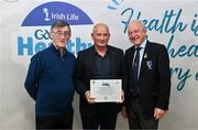 14 December 2023; Coolaney/Mullinabreena, Sligo, representative Michael Gorman is presented their Foundation Healthy Club award by Connacht GAA secretary John Prenty, left, and Connacht GAA Council president John Murphy, right, during the Irish Life Connacht GAA Healthy Clubs recognition event at the Connacht GAA Centre of Excellence in Bekan, Mayo. Photo by Ben McShane/Sportsfile