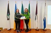 14 December 2023; Fran Downey, Mayo GAA chairperson of Health and Wellbeing, left, and Noreen Johnston, Mayo GAA secretary of Health and Wellbeing, showcasing the award of Mayo GAA winning the All-Ireland County Health and Wellbeing Community of the Year 2023 during the Connacht Irish Life GAA Healthy Clubs recognition event at the Connacht GAA Centre of Excellence in Bekan, Mayo. Photo by Ben McShane/Sportsfile