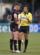 16 December 2023; Referee Luc Ramos speaks to Owen Farrell of Saracens during the Investec Champions Cup Pool 1 Round 2 match between Saracens and Connacht at Stone X Stadium in Barnet, England. Photo by Brendan Moran/Sportsfile