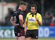16 December 2023; Referee Luc Ramos speaks to Owen Farrell of Saracens during the Investec Champions Cup Pool 1 Round 2 match between Saracens and Connacht at Stone X Stadium in Barnet, England. Photo by Brendan Moran/Sportsfile