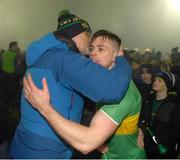 7 January 2024; Eunan Mulholland of Glen celebrates with supporters after the AIB GAA Football All-Ireland Senior Club Championship semi-final match between Kilmacud Crokes of Dublin, and Glen of Derry, at Páirc Esler in Newry, Down. Photo by Daire Brennan/Sportsfile