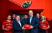 10 January 2024; Virgin Media has announced a new partnership with Munster Rugby, which will see the province’s Cork home, Musgrave Park, renamed as ‘Virgin Media Park’. Pictured at the announcement are, from left, Kate Flannery, Alex Kendellen, Munster Rugby chief executive Ian Flanagan, Niall Scannell, Virgin Media Ireland chief executive Tony Hanway, Stephen Archer and Abbie Salter-Townshend. Photo by Brendan Moran/Sportsfile