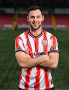 10 January 2024; Derry City new signing Patrick Hoban poses for a portrait at The Ryan McBride Brandywell Stadium in Derry. Photo by Stephen McCarthy/Sportsfile