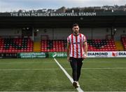 10 January 2024; Derry City new signing Patrick Hoban records a cutaway piece for BBC television at The Ryan McBride Brandywell Stadium in Derry. Photo by Stephen McCarthy/Sportsfile