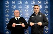 10 January 2024; Daire Donoghue draws Clontarf FC and Seamus Mac Samhradain draws Clondalkin RFC in the Boys Under 16 Schools Youth draw during the Bank of Ireland Leinster Rugby Clubs, Youth and Girls Draw 2024 at Leinster HQ in Dublin. Photo by Harry Murphy/Sportsfile