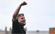 11 January 2024; The High School captain Sean Cleary celebrates after his side's victory in the Bank of Ireland Fr Godfrey Cup Round 1 match between The King's Hospital and The High School at Energia Park in Dublin. Photo by Seb Daly/Sportsfile