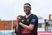 11 January 2024; Alexander Clarke Wallace of The High School celebrates after his side's victory in the Bank of Ireland Fr Godfrey Cup Round 1 match between The King's Hospital and The High School at Energia Park in Dublin. Photo by Seb Daly/Sportsfile