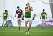 12 January 2024; Pearce Dolan of Leitrim reacts after a late second half goal for Galway scored by Rory Cunningham, not pictured, during the Connacht FBD League semi-final match between Leitrim and Galway at University of Galway Connacht GAA AirDome in Bekan, Mayo. Photo by Piaras Ó Mídheach/Sportsfile