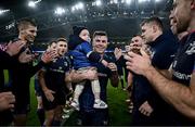 13 January 2024; Luke McGrath of Leinster, with his son Bobby, is given a guard of honor by his teammates after making his 200th Leinster appearance in the Investec Champions Cup Pool 4 Round 3 match between Leinster and Stade Francais at the Aviva Stadium in Dublin. Photo by Harry Murphy/Sportsfile