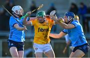 14 January 2024; Paul Boyle of Antrim in action against Conor Donohoe, left, and Eoghan O'Donnell of Dublin during the Dioralyte Walsh Cup Round 3 match between Dublin and Antrim at Parnell Park in Dublin. Photo by Sam Barnes/Sportsfile