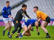 14 January 2024; Tristan Noack Hofmann of Arva in action against Listowel Emmets goalkeeper and Eddie Healy during the AIB GAA Football All-Ireland Junior Club Championship final match between Arva of Cavan and Listowel Emmets of Kerry at Croke Park in Dublin. Photo by Piaras Ó Mídheach/Sportsfile