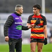 14 January 2024; St Patrick's Cullyhanna manager Stephen Reel in conversation with Gavan Duffy of St Patrick's Cullyhanna during the AIB GAA Football All-Ireland Intermediate Club Championship final match between Cill na Martra of Cork and St Patrick's Cullyhanna of Armagh at Croke Park in Dublin. Photo by Ben McShane/Sportsfile