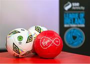 17 January 2024; Virgin Media Television announce details of live League of Ireland coverage, including televised SSE Airtricity Men's Premier Division fixtures. Pictured at the announcement are Virgin Media Television and League of Ireland branded footballs, at Virgin Media Television Studios in Ballymount, Dublin. Photo by Seb Daly/Sportsfile