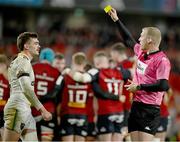 20 January 2024; George Furbank of Northampton Saints is shown a yellow card by referee Tual Trainini during the Investec Champions Cup Pool 3 Round 4 match between Munster and Northampton Saints at Thomond Park in Limerick. Photo by Brendan Moran/Sportsfile
