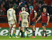 20 January 2024; Curtis Langdon of Northampton Saints is shown a red card by referee Tual Trainini during the Investec Champions Cup Pool 3 Round 4 match between Munster and Northampton Saints at Thomond Park in Limerick. Photo by Brendan Moran/Sportsfile