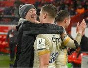 20 January 2024; Northampton Saints head coach Sam Vesty, left, celebrates with Fin Smith after the Investec Champions Cup Pool 3 Round 4 match between Munster and Northampton Saints at Thomond Park in Limerick. Photo by Brendan Moran/Sportsfile