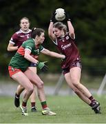 27 January 2024; Mairéad Glynn of Galway in action against Aoife Geraghty of Mayo during the Lidl LGFA National League Division 1 Round 2 match between Galway and Mayo at Duggan Park in Ballinasloe, Galway. Photo by Piaras Ó Mídheach/Sportsfile