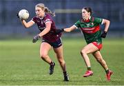 27 January 2024; Caoimhe Cleary of Galway in action against Fionnuala McLaughlin of Mayo during the Lidl LGFA National League Division 1 Round 2 match between Galway and Mayo at Duggan Park in Ballinasloe, Galway. Photo by Piaras Ó Mídheach/Sportsfile