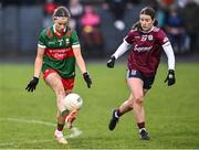 27 January 2024; Saoirse Lally of Mayo in action against Róisín Leonard of Galway during the Lidl LGFA National League Division 1 Round match between Galway and Mayo at Duggan Park in Ballinasloe, Galway. Photo by Piaras Ó Mídheach/Sportsfile