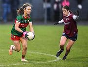 27 January 2024; Saoirse Lally of Mayo in action against Róisín Leonard of Galway during the Lidl LGFA National League Division 1 Round match between Galway and Mayo at Duggan Park in Ballinasloe, Galway. Photo by Piaras Ó Mídheach/Sportsfile