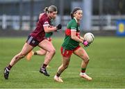 27 January 2024; Saoirse Lally of Mayo in action against Mairéad Glynn of Galway during the Lidl LGFA National League Division 1 Round match between Galway and Mayo at Duggan Park in Ballinasloe, Galway. Photo by Piaras Ó Mídheach/Sportsfile