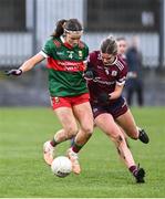 27 January 2024; Saoirse Lally of Mayo in action against Mairéad Glynn of Galway during the Lidl LGFA National League Division 1 Round match between Galway and Mayo at Duggan Park in Ballinasloe, Galway. Photo by Piaras Ó Mídheach/Sportsfile