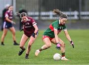 27 January 2024; Saoirse Lally of Mayo in action against Mairéad Glynn of Galway during the Lidl LGFA National League Division 1 Round match between Galway and Mayo at Duggan Park in Ballinasloe, Galway. Photo by Piaras Ó Mídheach/Sportsfile