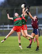 27 January 2024; Mayo players Maria Cannon, 12 and Fionnuala McLaughlin in action against Kate Geraghty of Galway, right, during the Lidl LGFA National League Division 1 Round 2 match between Galway and Mayo at Duggan Park in Ballinasloe, Galway. Photo by Piaras Ó Mídheach/Sportsfile