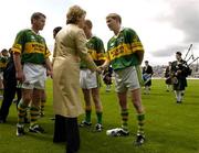 11 July 2004; President Mary McAleese is introduced to Mike Frank Russell by Kerry team captain Dara O'Cinneide. Bank of Ireland Munster Senior Football Championship Final, Limerick v Kerry, Gaelic Grounds, Limerick. Picture credit; Brendan Moran / SPORTSFILE