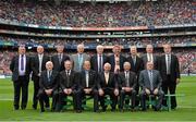 8 September 2013; The Hurling 'Stars of the 80's' team, back row, from left, Leonard Enright, Limerick, Terence McNaughton, Antrim, Sean Stack, Clare, John Galvin, Waterford, Mossy Walsh, Waterford, Pat Critchley, Laois, David Kilcoyne, Westmeath, Martin Quigly, Waterford, and PJ Cuddy, Laois, front row, from left, Jack Quaid, representing his son the late Tommy Quaid, Limerick, Dessie Donnelly, Antrim, Ger Loughlane, Clare, John Callinan, Clare, Paddy Kelly, Limerick, and Jim Greene, Waterford. GAA Hurling All-Ireland Senior Championship Final, Cork v Clare, Croke Park, Dublin. Picture credit: Matt Browne / SPORTSFILE