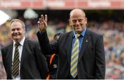 8 September 2013; Former Clare manager and two time All-Star, 1974 and 1977, Ger Loughnane, waves to the crowd during the Hurling 'Stars of the 80's' tribute. GAA Hurling All-Ireland Senior Championship Final, Cork v Clare, Croke Park, Dublin. Picture credit: Matt Browne / SPORTSFILE