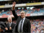 8 September 2013; Former Laois player PJ Cuddy waves to the crowd during the Hurling 'Stars of the 80's' tribute. GAA Hurling All-Ireland Senior Championship Final, Cork v Clare, Croke Park, Dublin. Picture credit: Matt Browne / SPORTSFILE