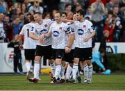8 September 2013; Stephen O'Donnell, centre, Dundalk, celebrates after scoring his side's first goal with team-mate's Andy Boyle and Francis McCaffrey. Airtricity League Premier Division, Dundalk v Drogheda United, Oriel Park, Dundalk, Co. Louth Picture credit: David Maher / SPORTSFILE