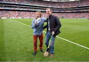 8 September 2013; Tipperary hurler Lar Corbett and MC Hector O hEochagain during the GAA/GPA Freestyle Hurling competition. GAA Hurling All-Ireland Senior Championship Final, Cork v Clare, Croke Park, Dublin. Picture credit: Stephen McCarthy / SPORTSFILE