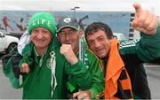 9 September 2013; Republic of Ireland supporters, from left, Davy Keogh, from Cabra, Co. Dublin, George Downer, from Ballybrack, Co. Dublin, and Ewan Traynor, from Monaghan Town, after arriving at Vienna Airport ahead of their side's 2014 FIFA World Cup Qualifier Group C game against Austria on Tuesday. Vienna, Austria. Picture credit: David Maher / SPORTSFILE