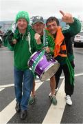 9 September 2013; Republic of Ireland supporters, from left, Davy Keogh, from Cabra, Co. Dublin, George Downer, from Ballybrack, Co. Dublin, and Ewan Traynor, from Monaghan Town, after arriving at Vienna Airport ahead of their side's 2014 FIFA World Cup Qualifier Group C game against Austria on Tuesday. Vienna, Austria. Picture credit: David Maher / SPORTSFILE