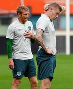 9 September 2013; Republic of Ireland's Paul Green, left, and James McClean during squad training ahead of their 2014 FIFA World Cup Qualifier Group C game against Austria on Tuesday. Republic of Ireland Squad Training, Ernst Happel Stadion, Vienna, Austria. Picture credit: David Maher / SPORTSFILE