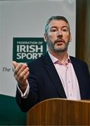 2 February 2024; Tim Duggan, Assistant Secretary General at Department for Social Protection, addresses the audience during the Federation of Irish Sport Annual Leaders Forum 2024 at the Sport Ireland Campus Conference Centre in Dublin. Photo by Sam Barnes/Sportsfile