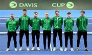 2 February 2024; The Ireland team, from left, coach Stephen Nugent, Michael Agwi, Simon Carr, captain Conor Niland, David O'Hare, Conor Gannon and Osgar Ó hOisín before an Ireland Tennis squad training session at the UL Sport Arena in Limerick, ahead of Ireland's Davis Cup World Group One play-off first round match with Austria.  Photo by Brendan Moran/Sportsfile
