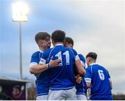 2 February 2024; Gregory Ewing of St Mary’s College, left, celebrates with Jack Halpin, after Halpin scored his side's third try during the Bank of Ireland Leinster Schools Senior Cup First Round match between St Mary's College and Wesley College at Energia Park in Dublin. Photo by Dáire Brennan/Sportsfile